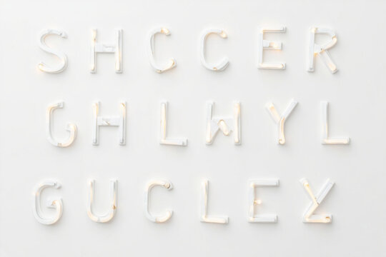 Neon letters arranged in grid on white background, modern alphabet sign