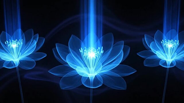 Glowing blue lotus flowers in darkness.