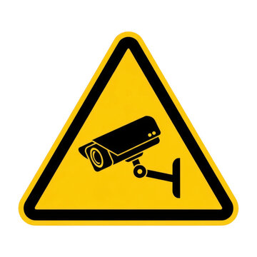Yellow triangle warning sign with security camera icon isolated on transparent background