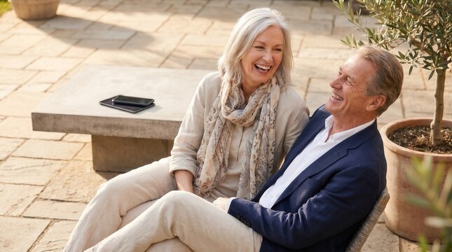 Mature couple on sunny patio, laughing, embracing digital disconnection. Unused gadgets signify prioritizing genuine interaction and outdoor well-being.