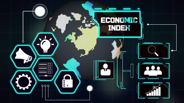 Economic index projection screen showing global trade balance shifts, abstract digital network globe for long-term planners