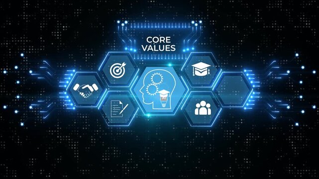 Businesswoman clicks on the structure of the core values . neon tool box with icons animated.