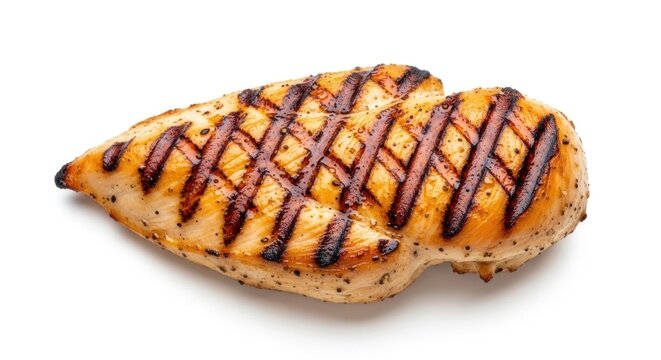 A grilled chicken breast with a crosshatch pattern of grill marks on a white background.