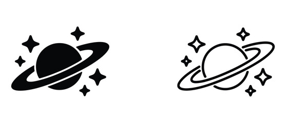 Saturn Planet Icon with Rings and Stars for Space Exploration, Solar System Science, Astronomy, and Editable Vector Illustration. © RIFAT03