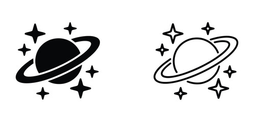 Saturn Planet Icon Featuring Rings, Stars, Cosmic Universe Symbol, Space Exploration, Astronomy, and Vector Illustration. © RIFAT03