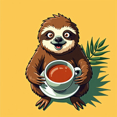 Obraz premium Top-down view of a surprised quirky sloth holding a giant cup of tea