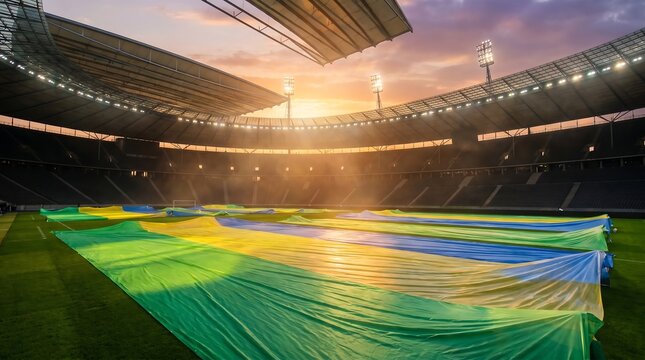 Brazilian flag on soccer stadium field at sunset