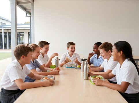 Group Of Diverse Happy Schoolchildren In Uniform Sitting Around Table Eating Lunch And Talking Together At School