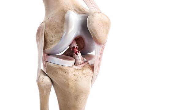 ACL tear knee joint medical 3D anatomy render showing ruptured anterior cruciate ligament with preserved menisci, cartilage, femur and tibia for orthopedic education and patient injury explanation