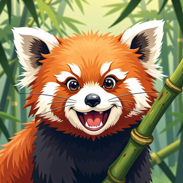 Close-up of an energetic red panda eating bamboo in detailed nature