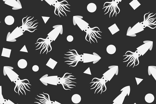 Seamless pattern featuring cute white squid silhouettes and geometric shapes on a dark gray background.
