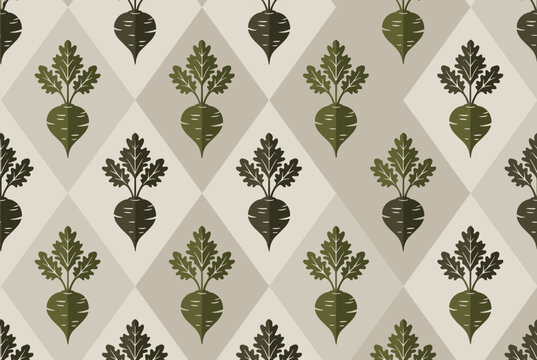 Seamless vector pattern featuring stylized beetroot vegetables on a beige and green diamond background.