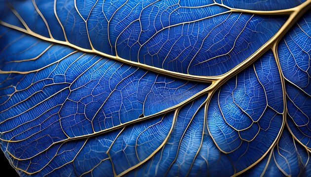blue leaf with golden veins texture closeup macro background natural floral texture luxury background