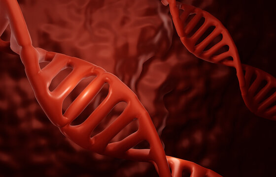 DNA molecule structure on red background. 3d-rendering