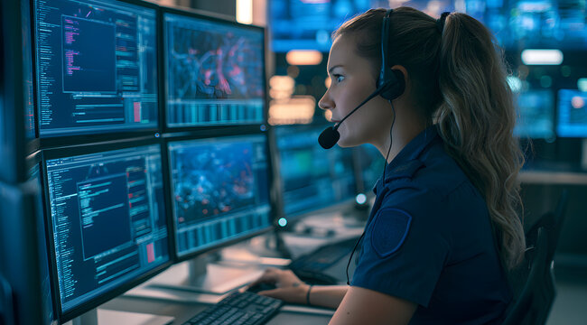 A woman operator is monitoring multiple screens in the emergency dispatch room.