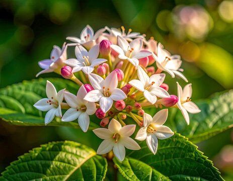 White Ixora Flowers Blooming in Garden with Soft Sunlight, Tropical Floral Nature Background