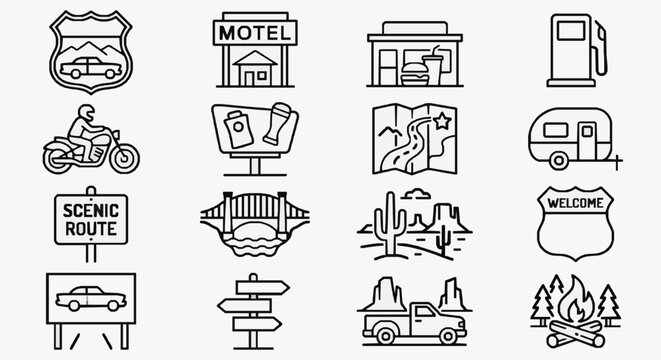 Clean Road Trip and Travel Adventure Icons Collection with high professional line art symbols for modern creative design and digital branding projects
