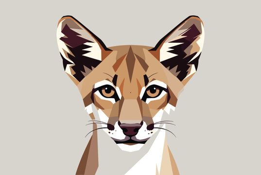 Stunning low-poly geometric portrait of a wild cat or puma gazes forward with sharp detail on a light background.