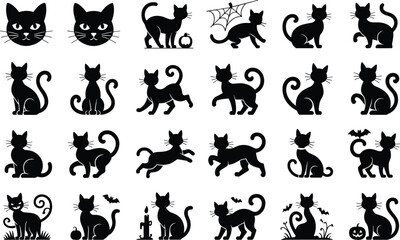 Fototapeta premium Cat silhouette bundle with diverse feline poses and mystery night elements for pet design