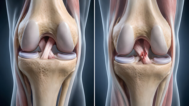 Knee joint PCL injury comparison medical illustration showing normal anatomy versus posterior cruciate ligament tear from dashboard injury for orthopedic education, patient care, and clinical training