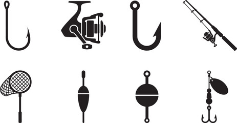 Fishing Equipment Icons Set – Hooks, Rod, Reel, Floats and Lures Silhouette Collection   © Open Expression