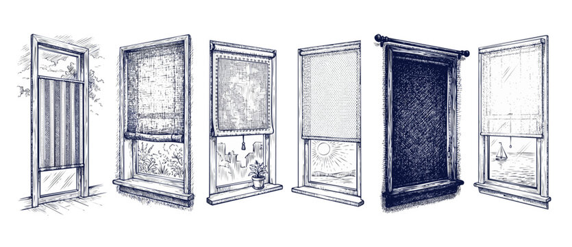 Window blinds sketch illustration set of hand-drawn roller shades with various outdoor views in etching style, isolated vector concepts for home interior design decoration, architectural blueprint.