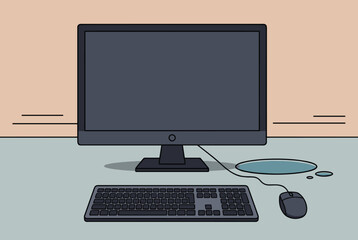 Fototapeta premium Computer workstation with monitor, keyboard, mouse, and a dark blue liquid puddle spilled on the grey desk surface.