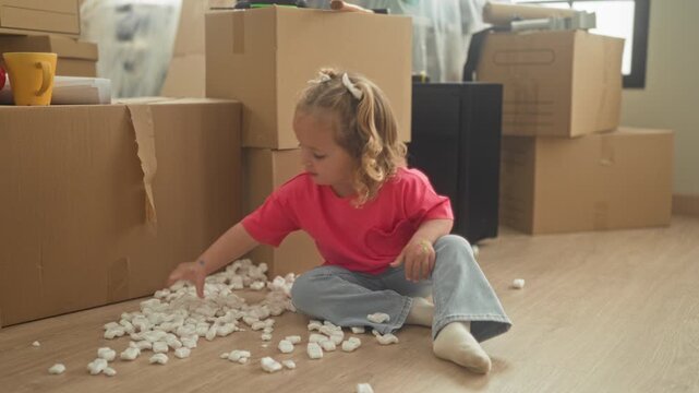 Girl sitting on floor playing with packing peanuts, holding handfuls with hands amid stacked moving boxes in a building; curiosity.