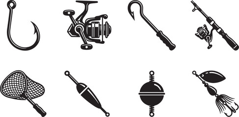 Fishing Equipment Silhouette Set – Hook, Reel, Rod, Net, Floats and Spinner Bait Vector Icons © Open Expression