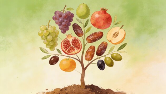 Watercolor illustration of a Tu BiShvat tree with various fruits. Symbolic tree with pomegranate, grapes, dates, and olives for the Jewish New Year for Trees. Harvest and nature concept