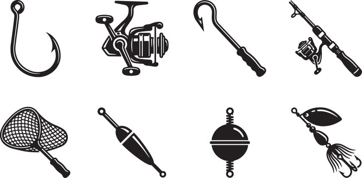 Fishing Equipment Silhouette Set &ndash; Hook, Reel, Rod, Net, Floats and Spinner Bait Vector Icons