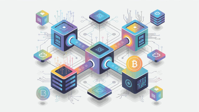 Isometric Blockchain Network Cryptocurrency Data Exchange Illustration