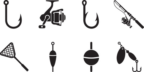 Fishing Gear Silhouette Icons Set – Hooks, Reel, Rod, Floats, Net and Spinner Lure   © Open Expression