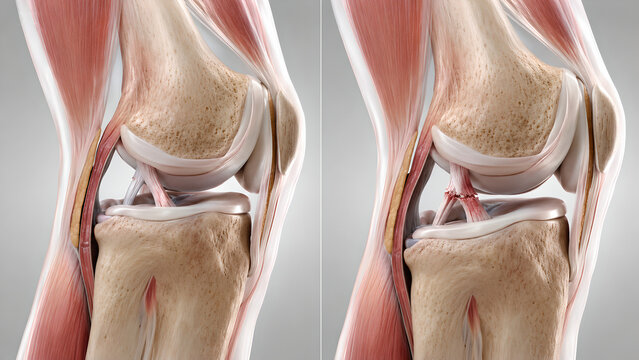 Knee joint PCL injury comparison medical illustration showing normal anatomy versus posterior cruciate ligament tear from dashboard injury for orthopedic education, patient care, and clinical training