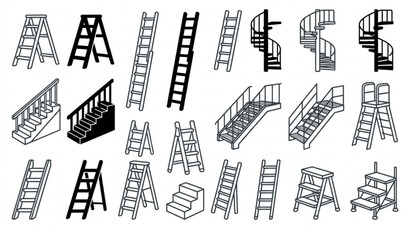 Variety of ladder and staircase line art illustrations set © MdShakib