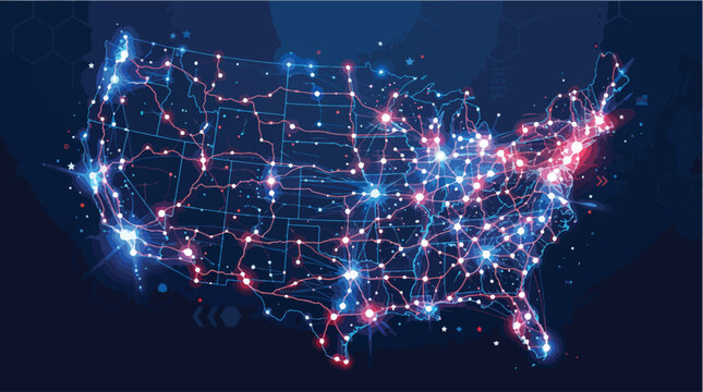 United states map with glowing network connections.