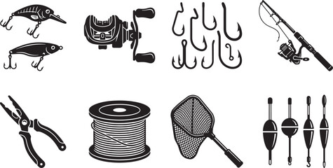 Fishing Gear Silhouette Set – Lures, Reel, Hooks, Rod, Pliers, Net and Floats Vector Icons   © Open Expression