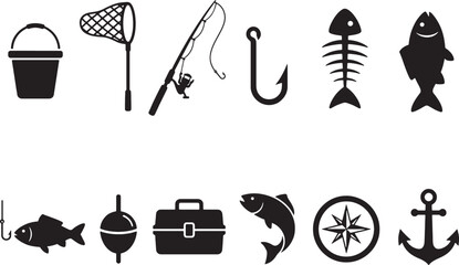 Fishing Icons Set – Bucket, Net, Rod, Hook, Fish, Tackle Box and Nautical Symbols Silhouette Vector   © Open Expression