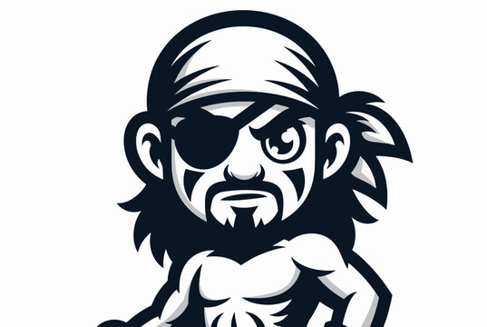 Tough pirate captain mascot character with long hair bandana mustache and black eye patch in modern style.
