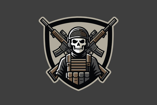 Military skull soldier emblem wearing helmet and tactical chest vest in front of two crossed assault rifles.