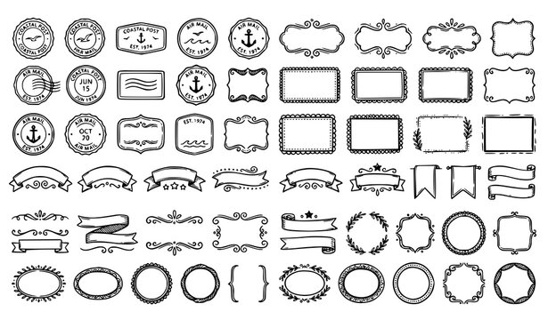 Retro Postmark Doodle Frame Vector Set Decorative Borders