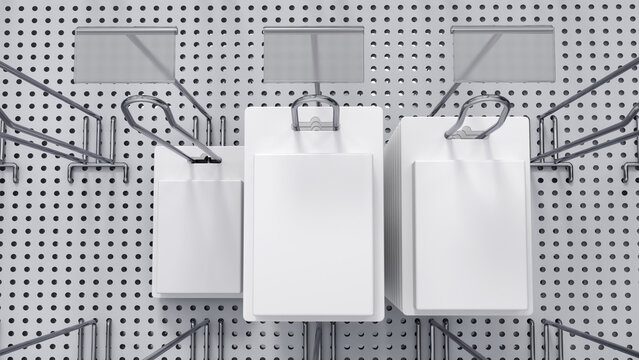 Close-up of realistic supermarket retail display with metal pegboard, euro hooks with price holders and hanging packages of small items. 3d illustration