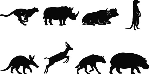 African wildlife animals silhouette vector set featuring cheetah, rhinoceros, buffalo, meerkat, aardvark, antelope, hyena, and hippopotamus © Abdul