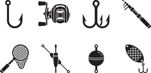 Fishing Tackle Silhouette Icon Set – Hooks, Reel, Rod, Net, Floats and Spoon Lure Vector © Open Expression