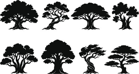 Collection of old tree silhouettes isolated on white background for graphic design and branding elements © Abdul