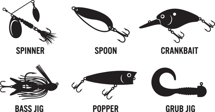 Fishing Lure Types Silhouette Set &ndash; Spinner, Spoon, Crankbait, Bass Jig, Popper and Grub Jig


