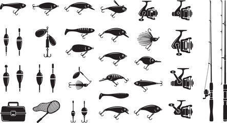 Fishing Lures and Tackle Icons Set – Rods, Reels, Floats and Bait Silhouettes Collection   © Open Expression
