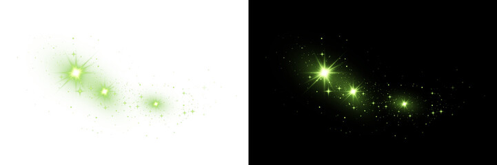 Fototapeta premium PNG image of Green glowing star bokeh with sparkling light particles, magical neon shimmer effect isolated on black background, fantasy glitter burst abstract design element. 