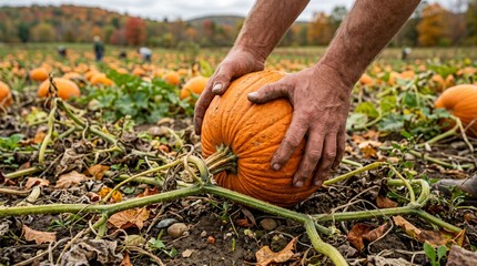 Farmer Harvesting Ripe Orange Pumpkin in Autumn Field with Fall Colors in Background