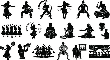 Polynesian and Hawaiian culture silhouette icons set including hula dancers musicians fire knife performance and traditional elements © Ananya